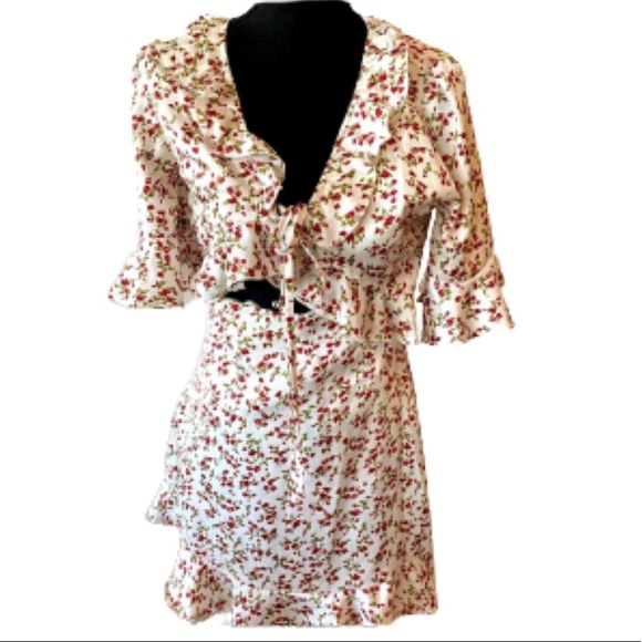 NEW floral summer mini dress front tie ruffled keyhole cutout pinup retro LARGE - Picture 2 of 16